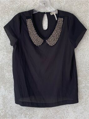 Kirra Black Short-Sleeve Blouse with Beaded Collar